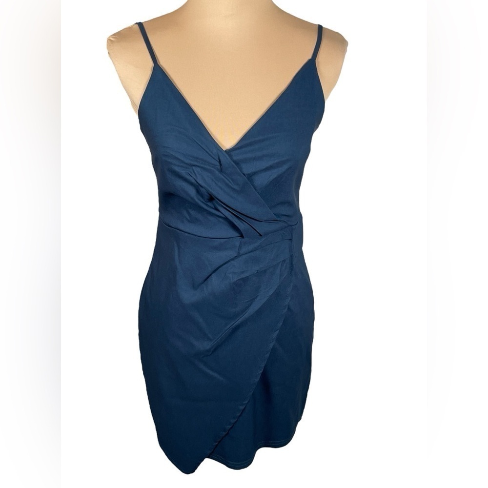 Anna Grace‎ ~ Boutique Blue Ruched Wrap Mini Dress Spaghetti Strap Large